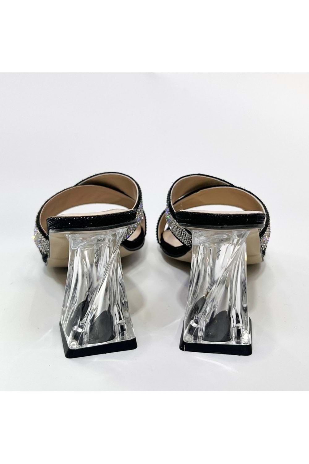Bulut Ayakkabı Siyah Kadın Çapraz Taşlı Abiye Şeffaf Topuklu Terlik - SİYAH - 40