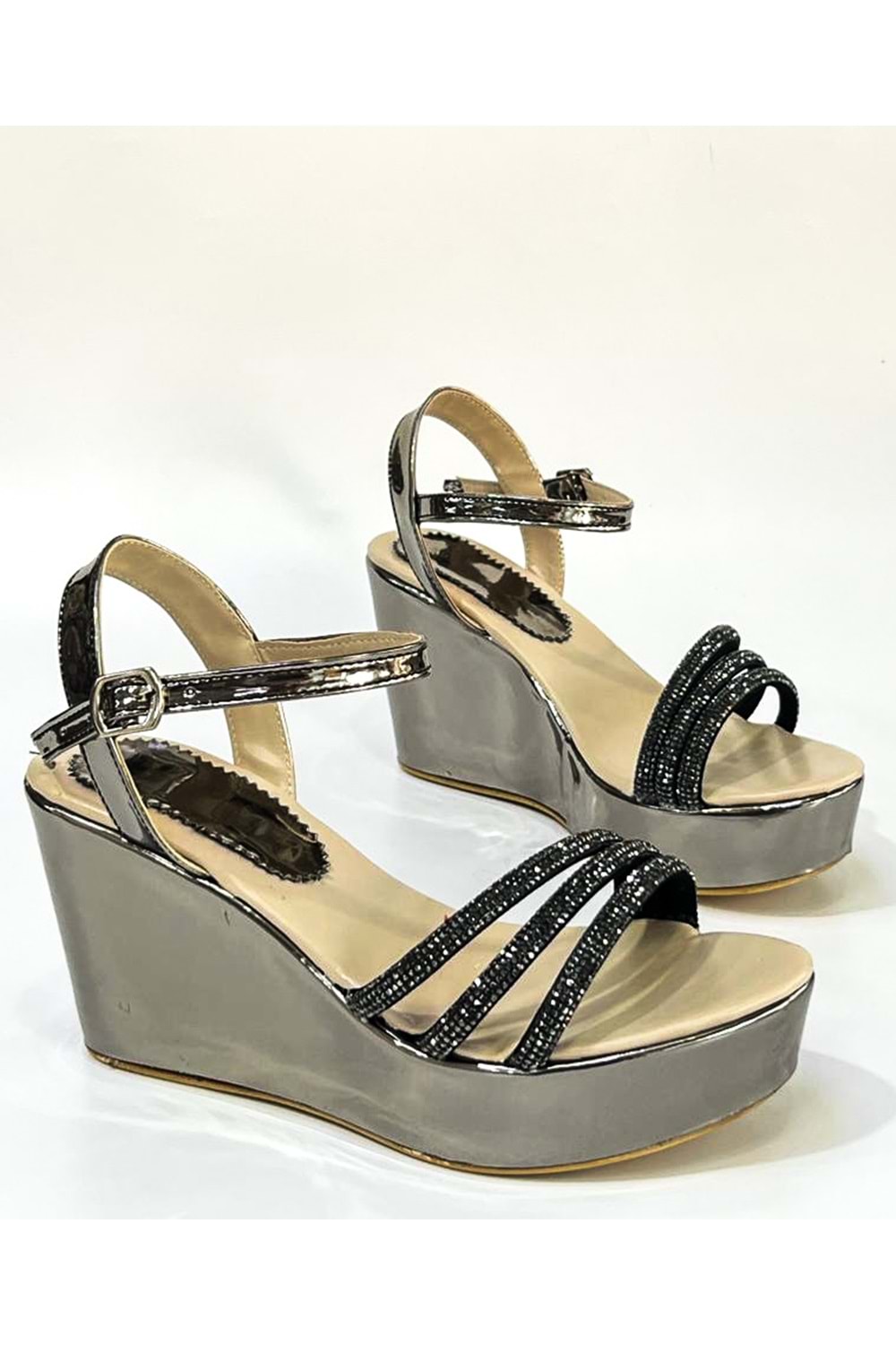 Bulutmod BA04099 Platin Kadın Üç Taşlı Abiye Günlük Dolgu Topuklu Ayakkabı - PLATIN - 39