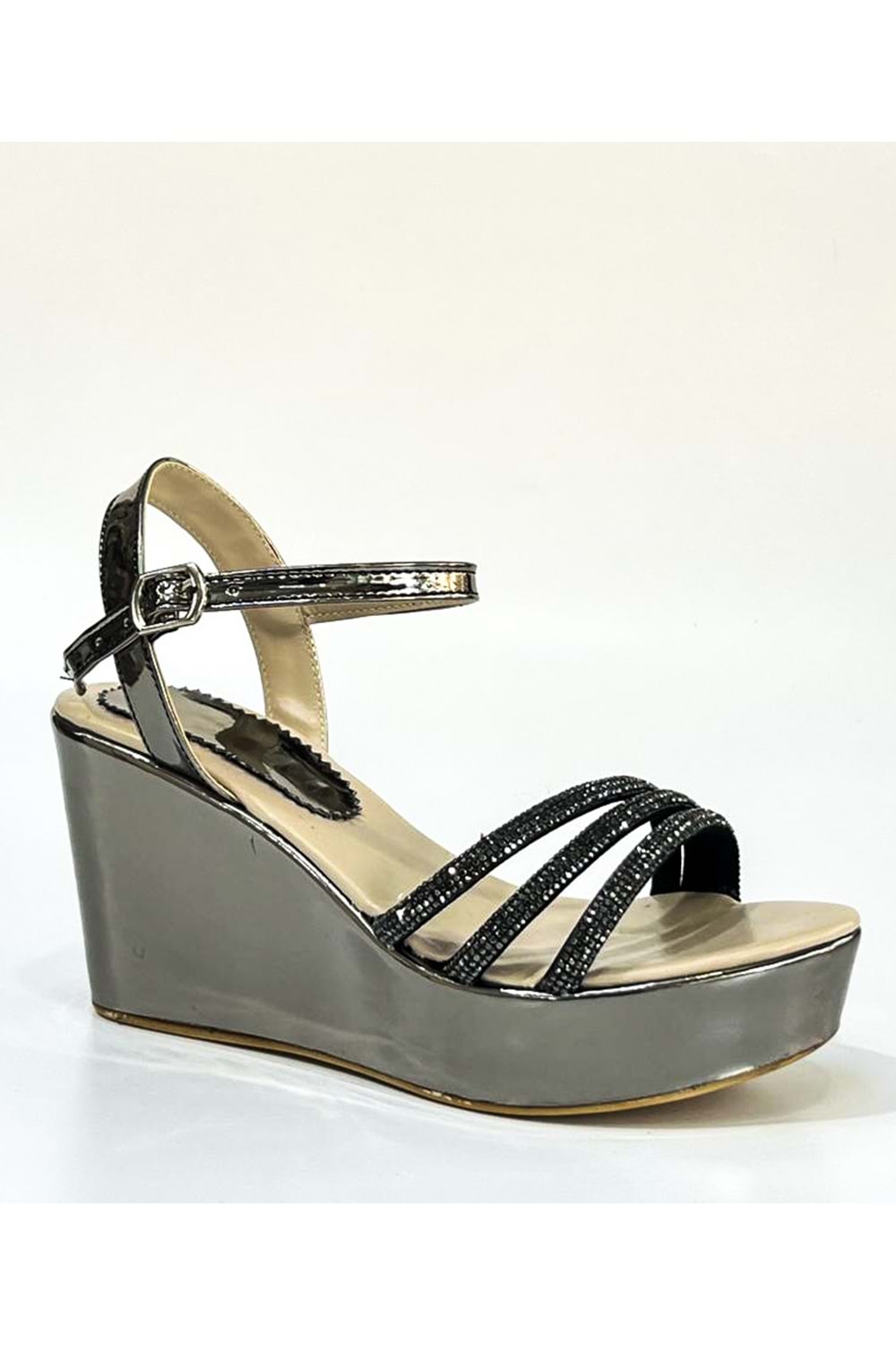 Bulutmod BA04099 Platin Kadın Üç Taşlı Abiye Günlük Dolgu Topuklu Ayakkabı - PLATIN - 39