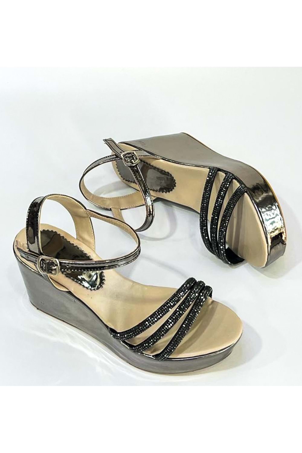 Bulutmod BA04099 Platin Kadın Üç Taşlı Abiye Günlük Dolgu Topuklu Ayakkabı - PLATIN - 39