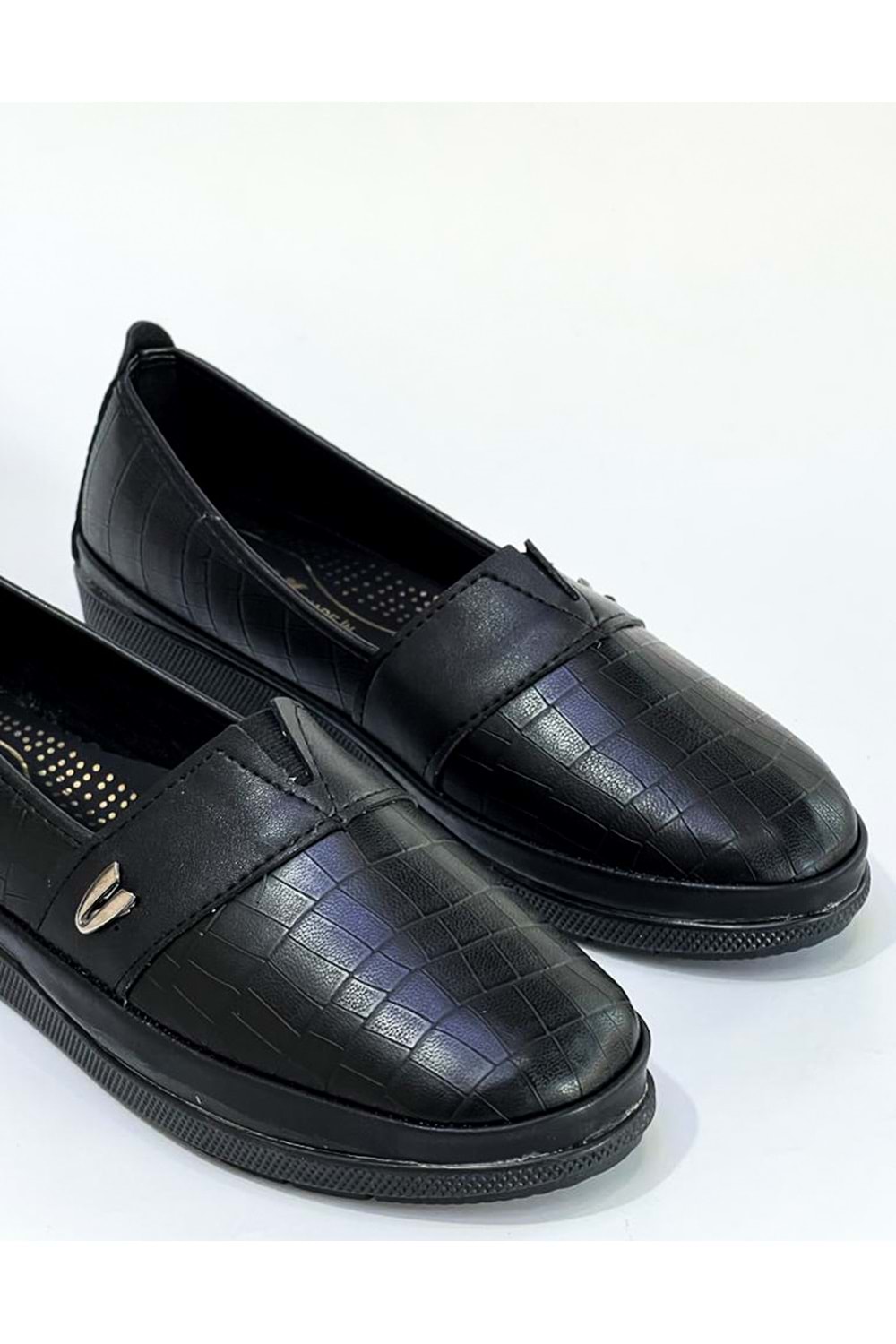 BulutMod Siyah Kadın Baskılı Büyük Numara Günlük Yumuşak Taban Babet Ayakkabı - Siyah Deri - 42