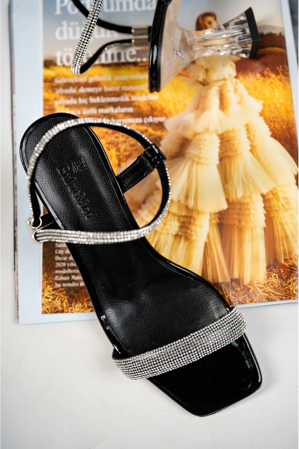 BulutMod BA04272 Siyah Kadın Taşlı Geniş Bantlı Abiye Klasik Şeffaf Topuklu Ayakkabı - Siyah - 40