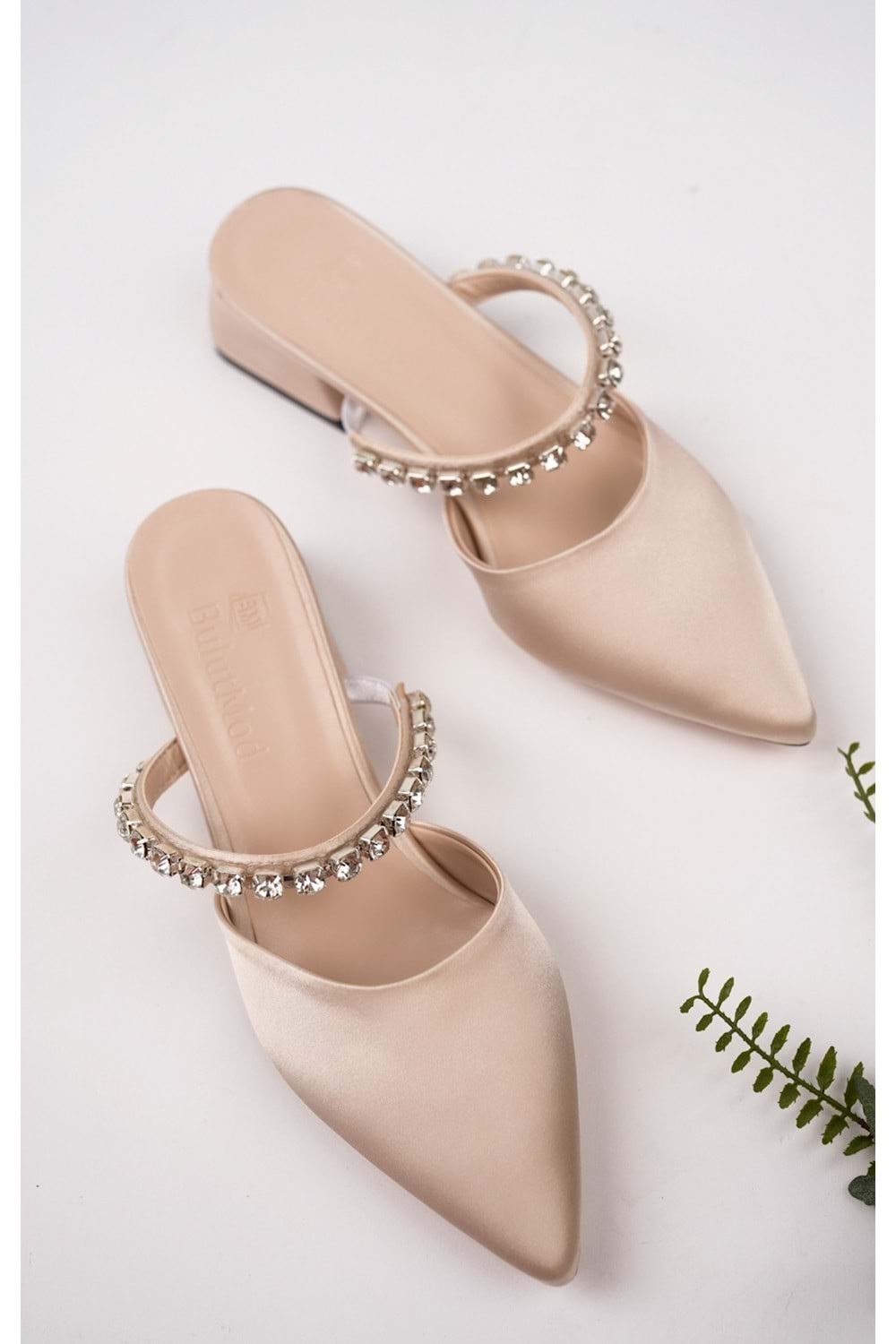 BulutMod BA04400 Ten Kadın Taşlı Saten Abiye Terlik 4 Cm Topuklu Ayakkabı - Ten - 39