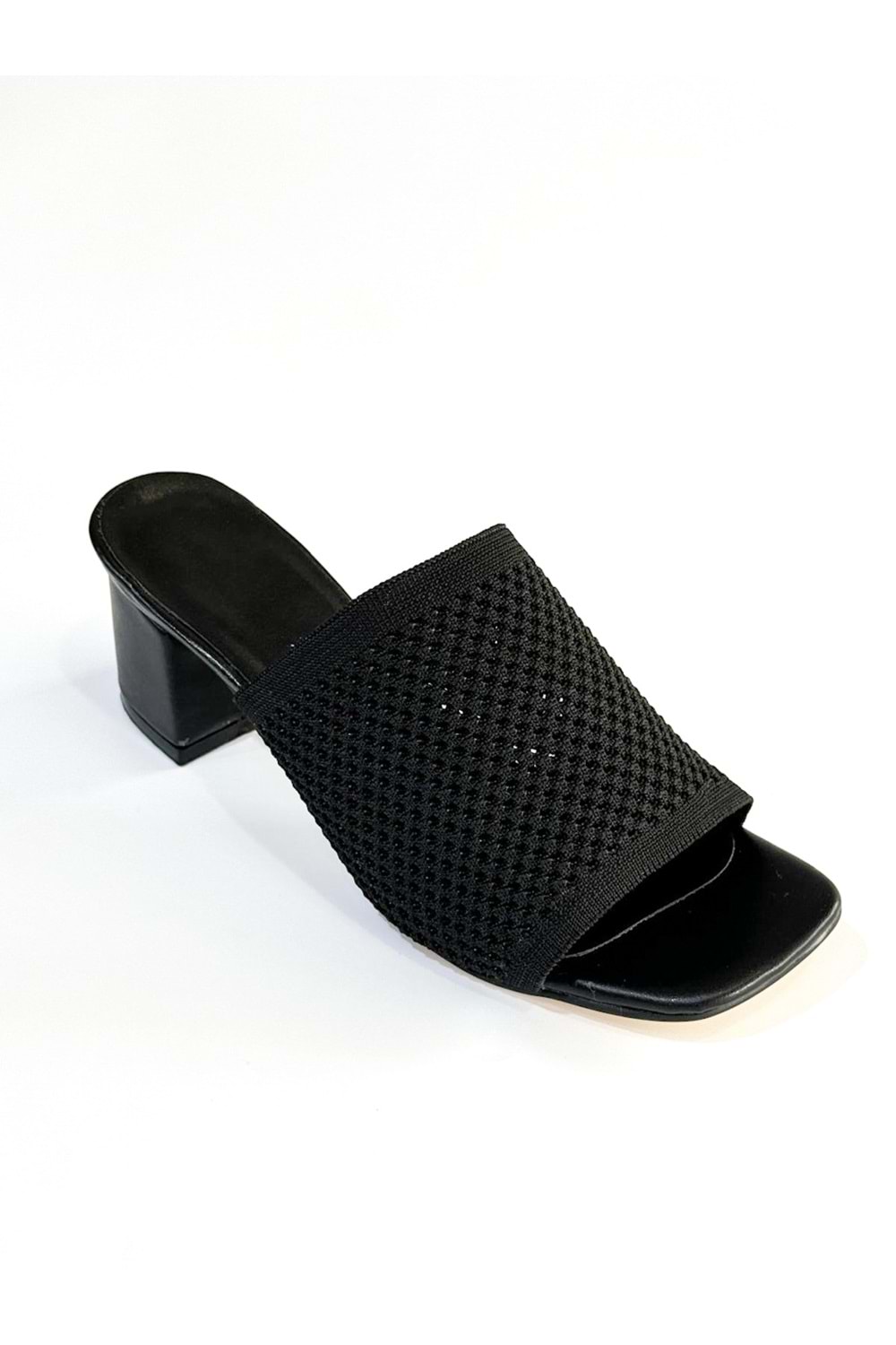 BulutMod BA04467 Siyah Kadın Delikli Triko Günlük Kare 6 Cm Deri Topuklu Terlik - Siyah Deri
