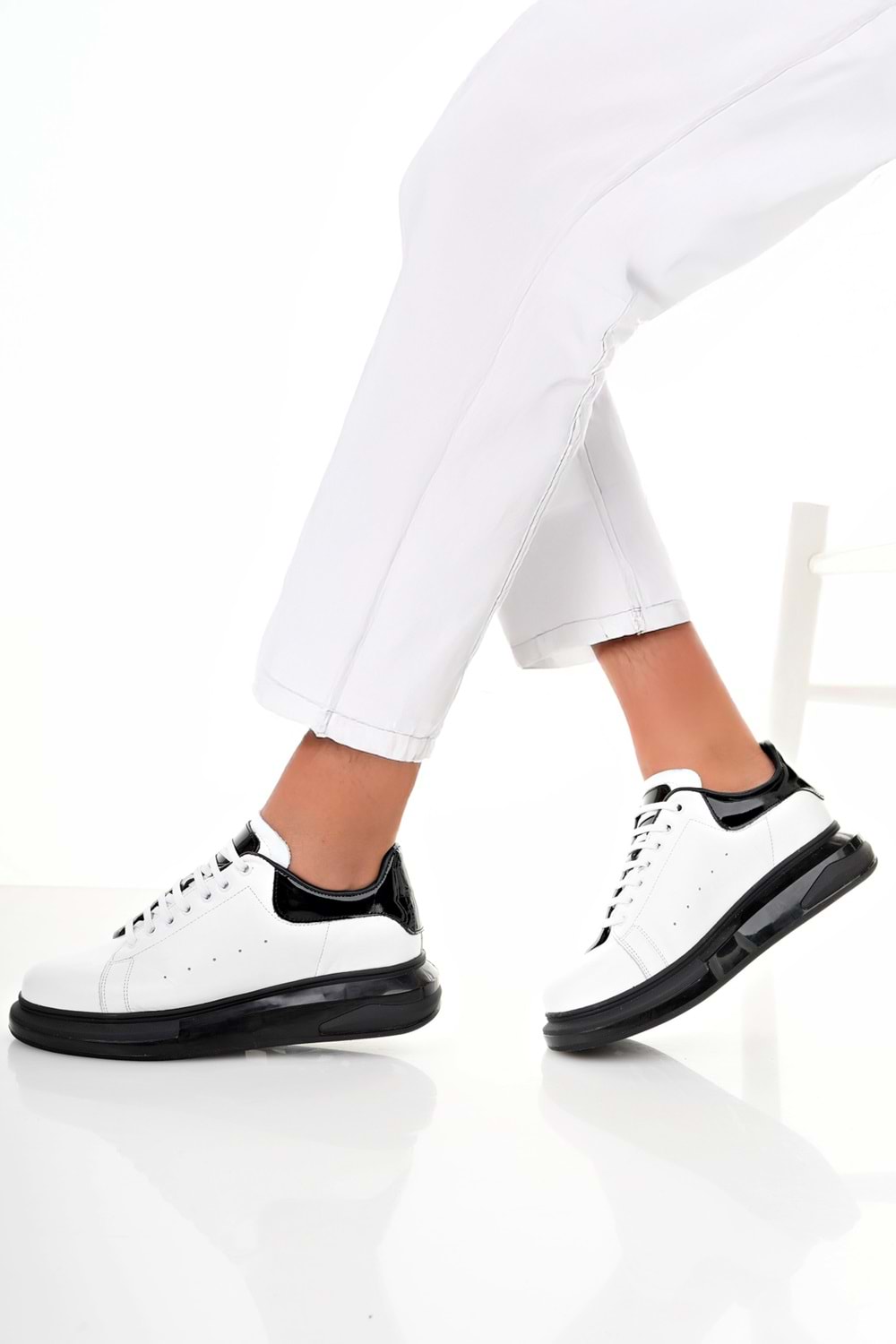 BulutMod BA04471 Beyaz Siyah Erkek Hakiki Deri Jel Yüksek Taban Spor Ayakkabı - Beyaz - 41