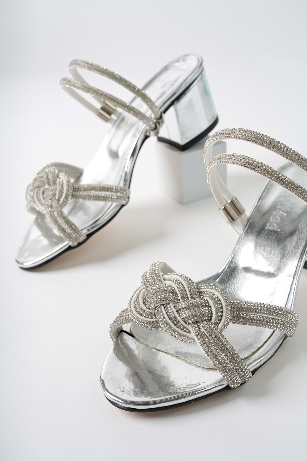 BulutMod Gümüş Kadın Örme Taşlı Abiye Terlik Klasik Topuklu Ayakkabı - Gümüş - 40