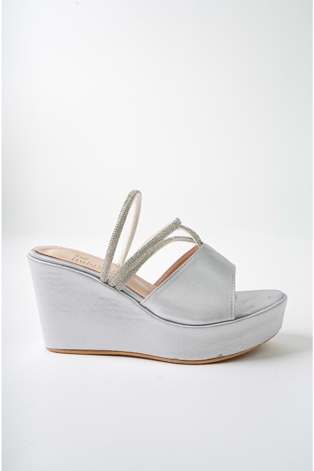 BulutMod BA04482 Gümüş Kadın saten Sargı Taşlı Günlük Abiye Dolgu Topuklu Terlik - Gümüş - 37