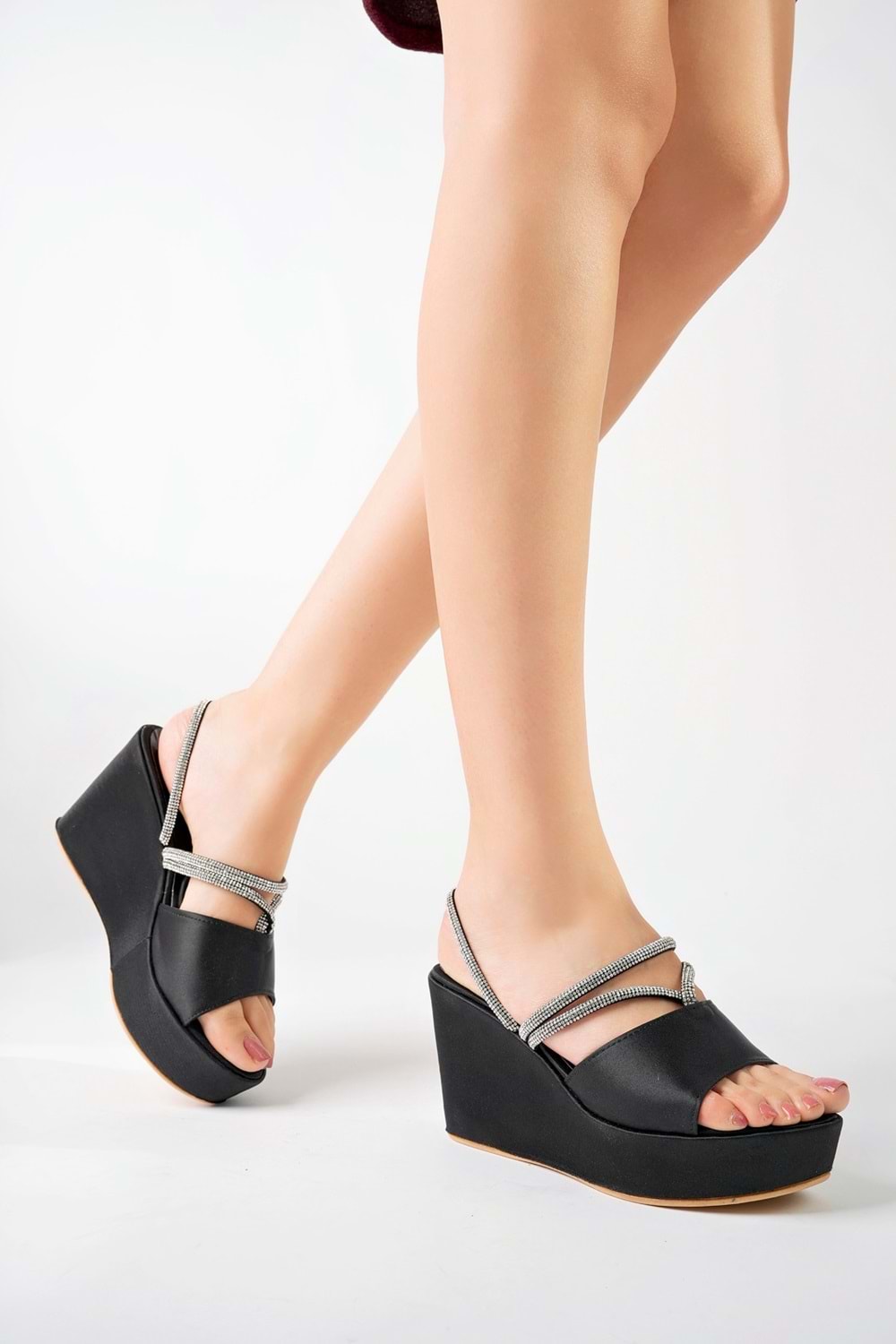 BulutMod BA04482 Siyah Kadın saten Sargı Taşlı Günlük Abiye Dolgu Topuklu Terlik - Siyah - 39