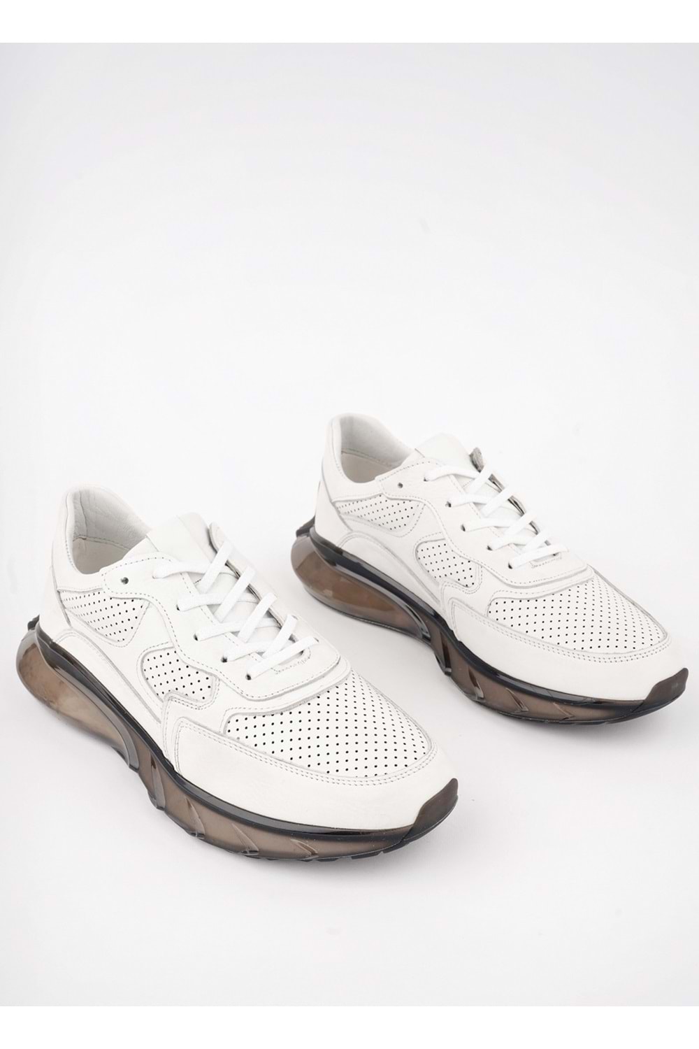 BulutMod Beyaz Erkek Hakiki Deri Delikli Şeffaf Tabanlı Spor Ayakkabı - Beyaz - 40