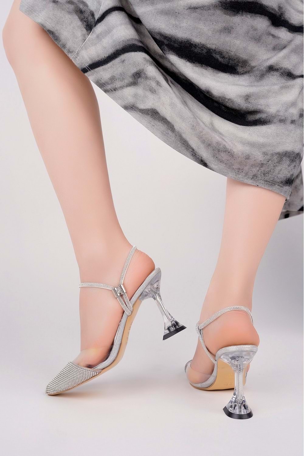 BulutMod BA04492 Gümüş Kadın Ön Taşlı Şefaf Abiye 9 Cm Şeffaf Topuklu Ayakkabı