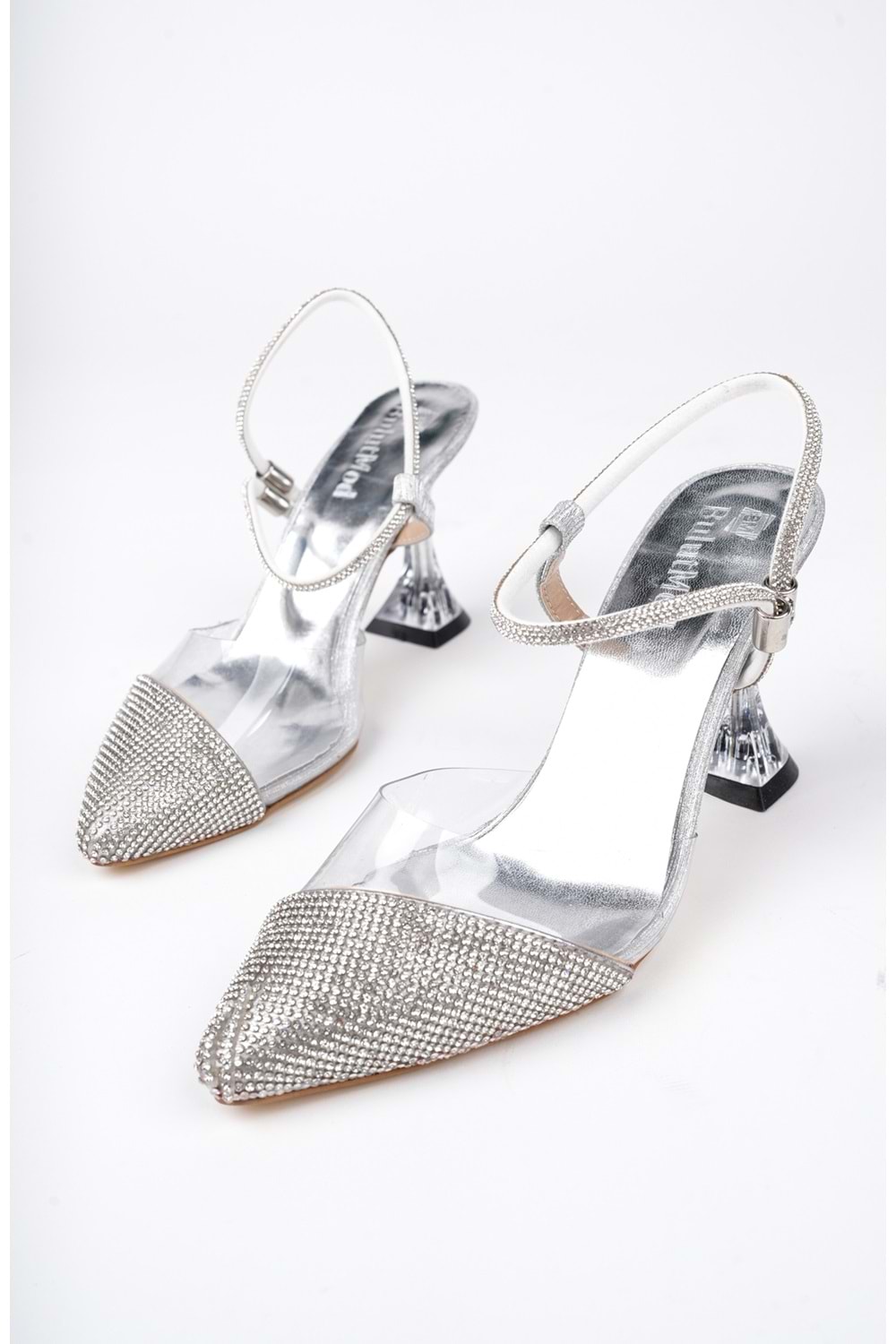 BulutMod BA04492 Gümüş Kadın Ön Taşlı Şefaf Abiye 9 Cm Şeffaf Topuklu Ayakkabı