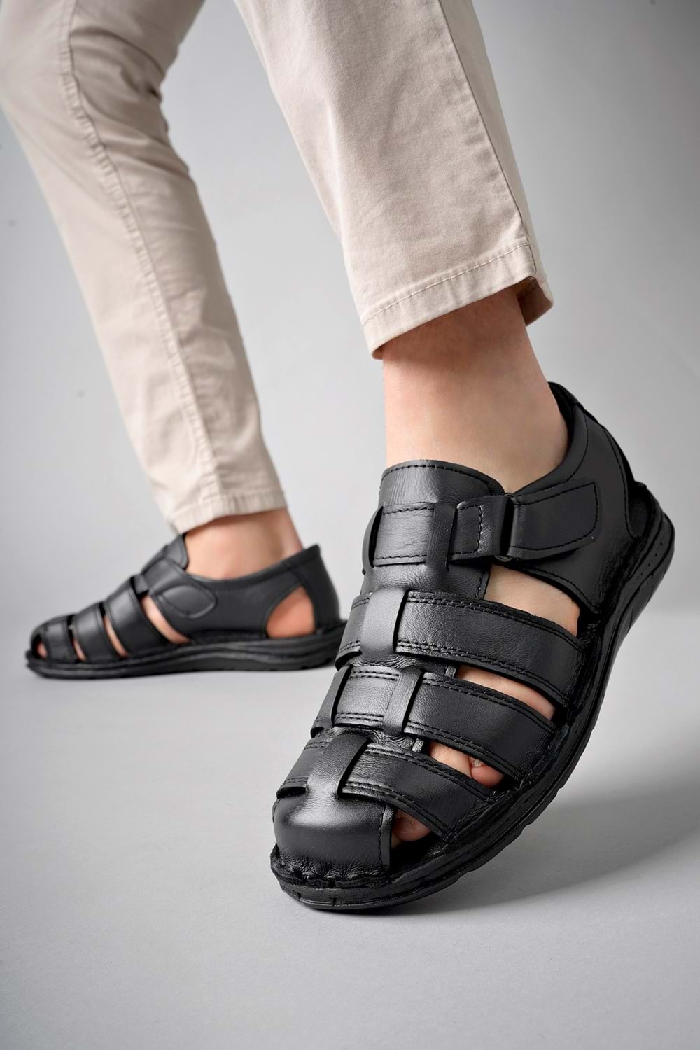 BulutMod Siyah BA04498 Erkek Hakiki Deri Sandalet Jel Topuk Masajlı Ayakkabı - Siyah - 40