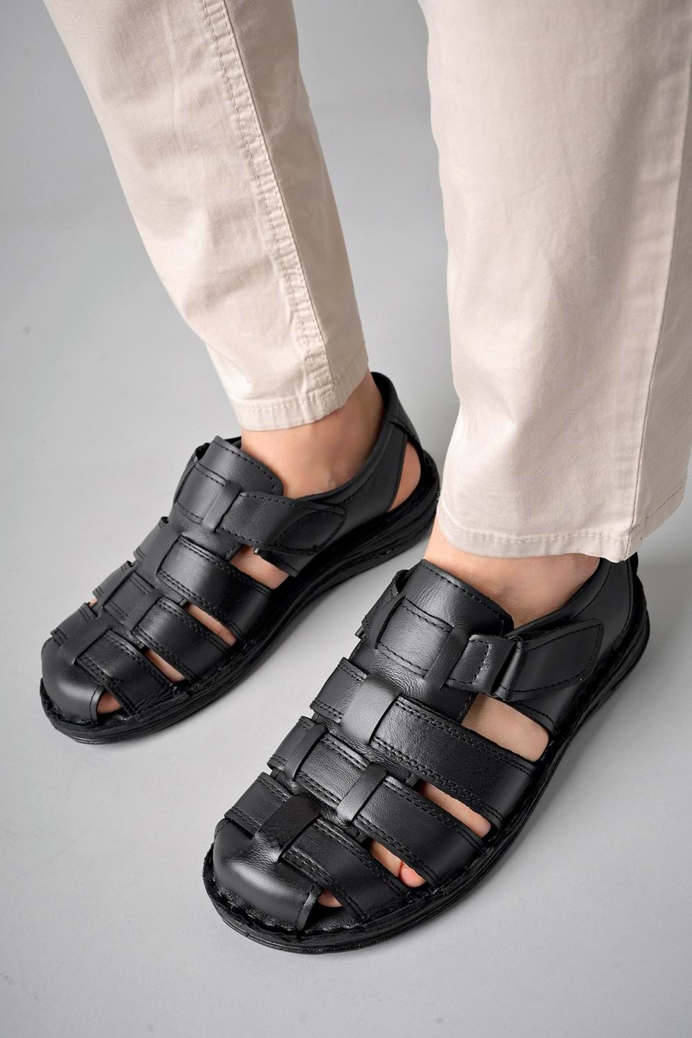 BulutMod Siyah BA04498 Erkek Hakiki Deri Sandalet Jel Topuk Masajlı Ayakkabı - Siyah - 40