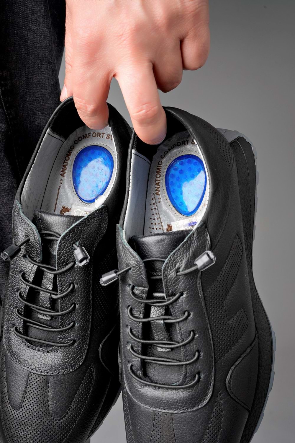 BulutMod Siyah BA04499 Erkek Hakiki Deri Lastik Bağcıklı Jel Topuk Spor Ayakkabı - Siyah - 44