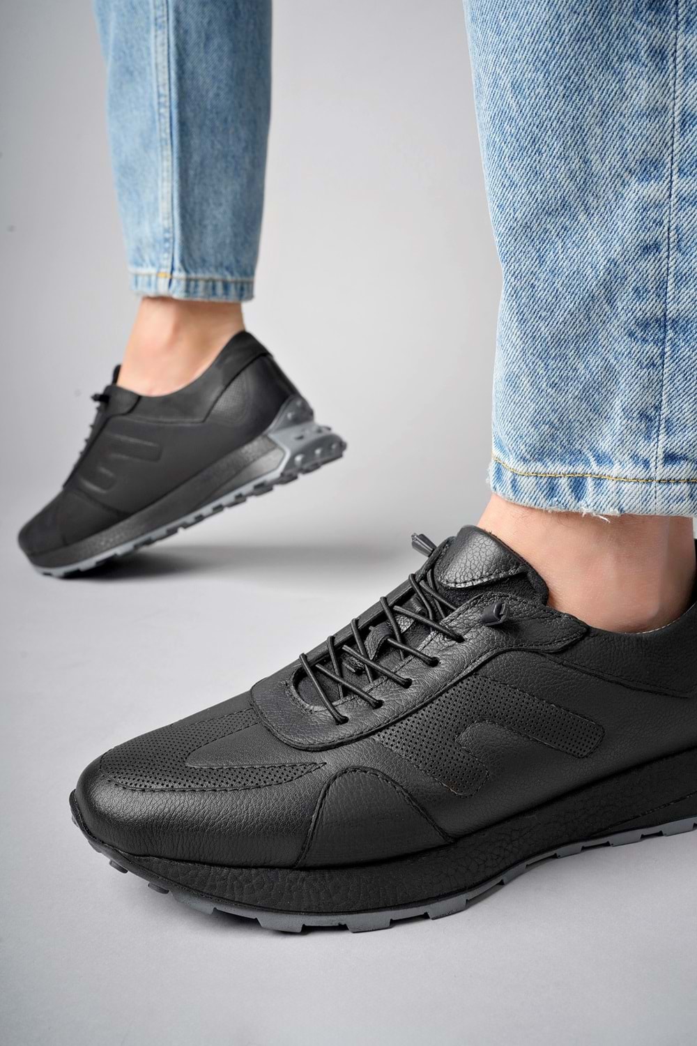 BulutMod Siyah BA04499 Erkek Hakiki Deri Lastik Bağcıklı Jel Topuk Spor Ayakkabı - Siyah - 44