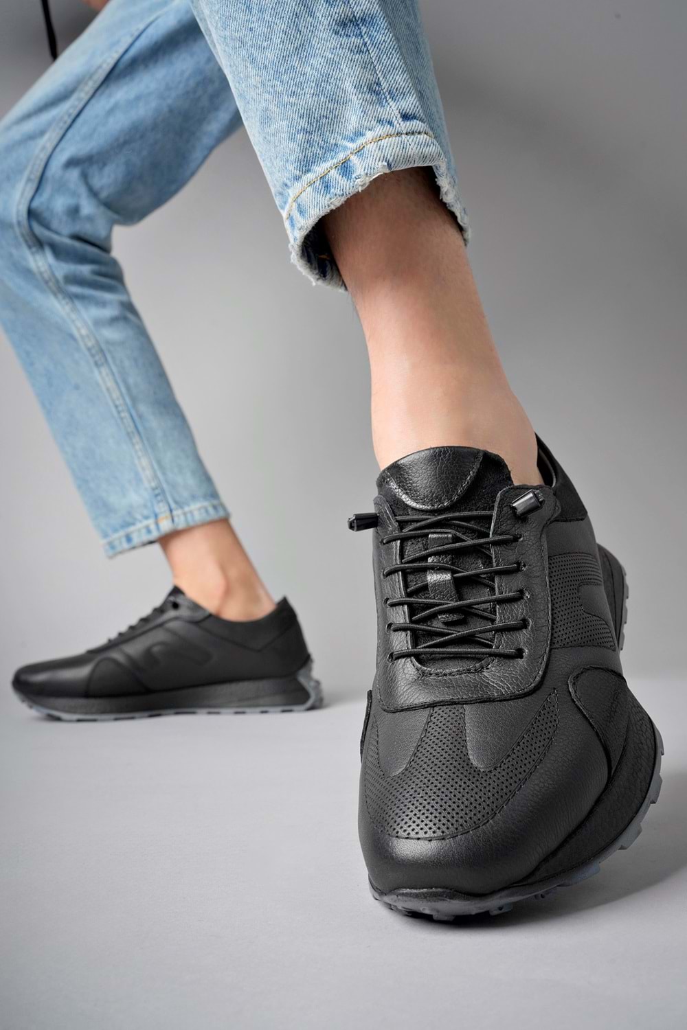 BulutMod Siyah BA04499 Erkek Hakiki Deri Lastik Bağcıklı Jel Topuk Spor Ayakkabı - Siyah - 44