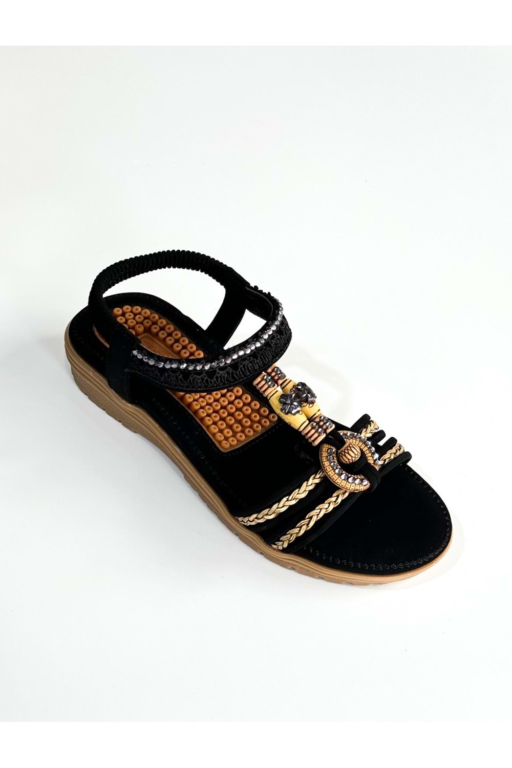 Guja BA04519 Siyah Dantel Halka Taşlı Ful Ortopedik İthal Lastikli Sandalet - Siyah - 40