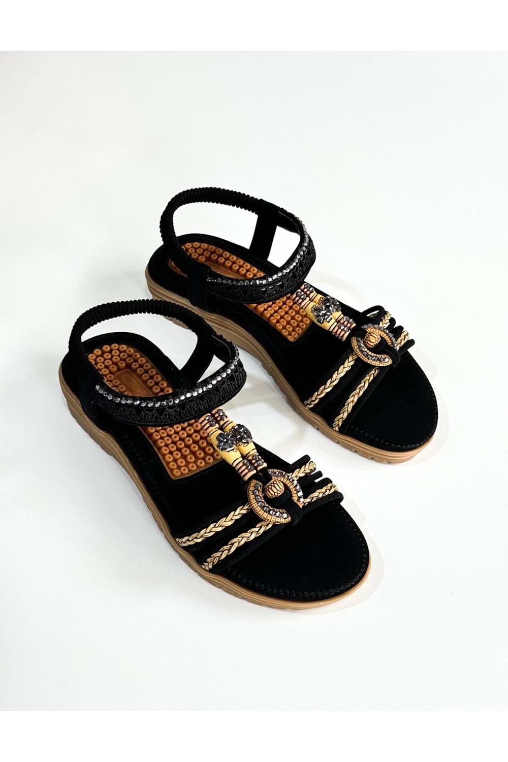 Guja BA04519 Siyah Dantel Halka Taşlı Ful Ortopedik İthal Lastikli Sandalet - Siyah - 40