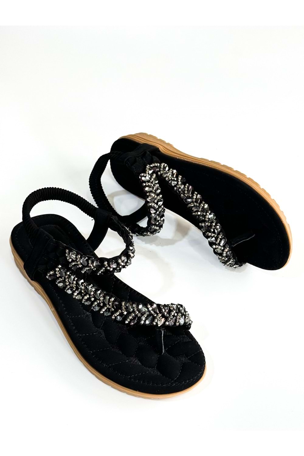 Guja BA04521 Siyah Taşlı Parmak Arası Ful Ortopedik İthal Lastikli Sandalet - Siyah - 40