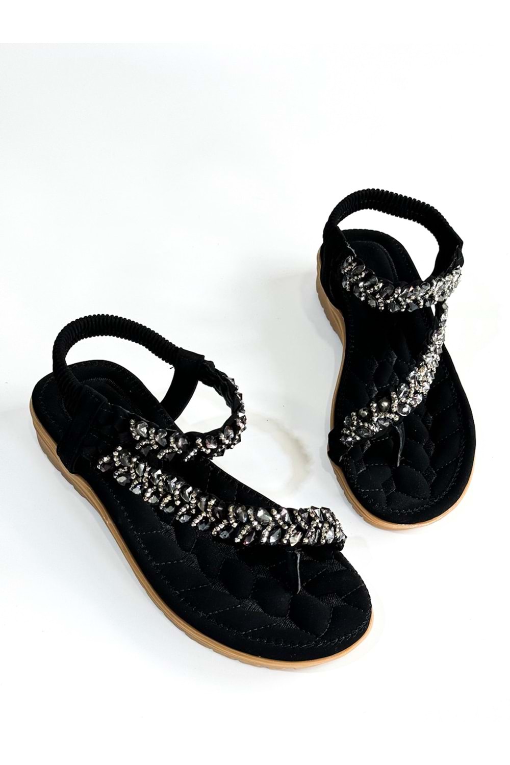 Guja BA04521 Siyah Taşlı Parmak Arası Ful Ortopedik İthal Lastikli Sandalet - Siyah - 40