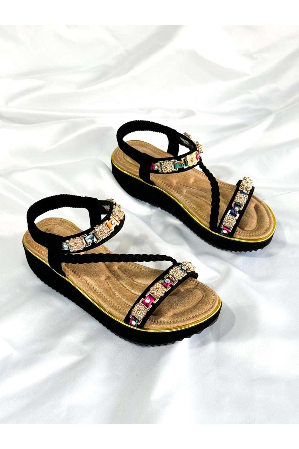 Guja BA04524 Siyah Kadın Bilek Taşlı Günlük Ortopedik Kalın Taban İthal Sandalet - Siyah Süet - 41