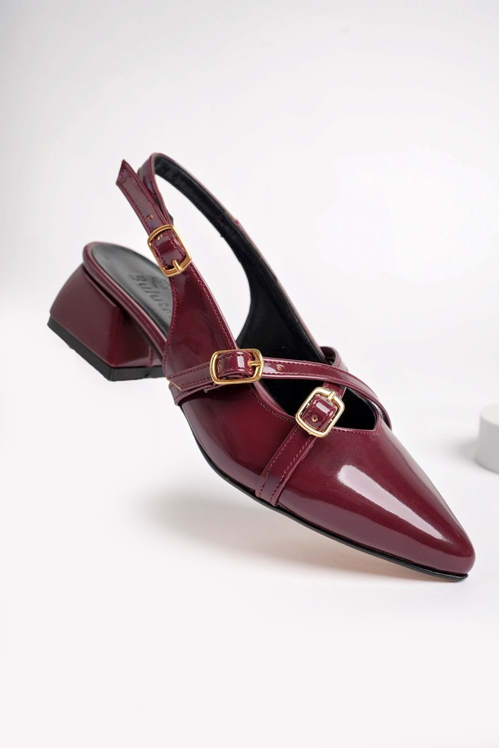 BulutMod BA04532 Bordo Kadın Rugan Çapraz Kemer Tokalı Günlük 4cm Topuklu Ayakkabı - Bordo - 38