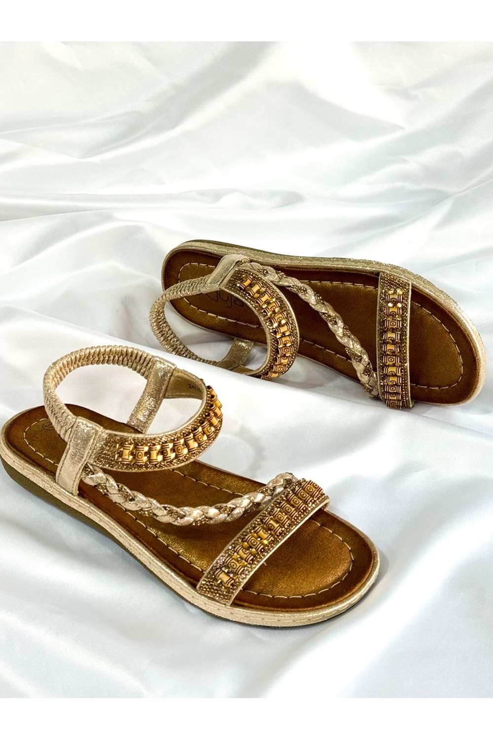 Guja BA04536 Altın Kadın Bilek Şerit Taş Ortopedik İthal Lastikli Sandalet - ALTIN DORE - 40