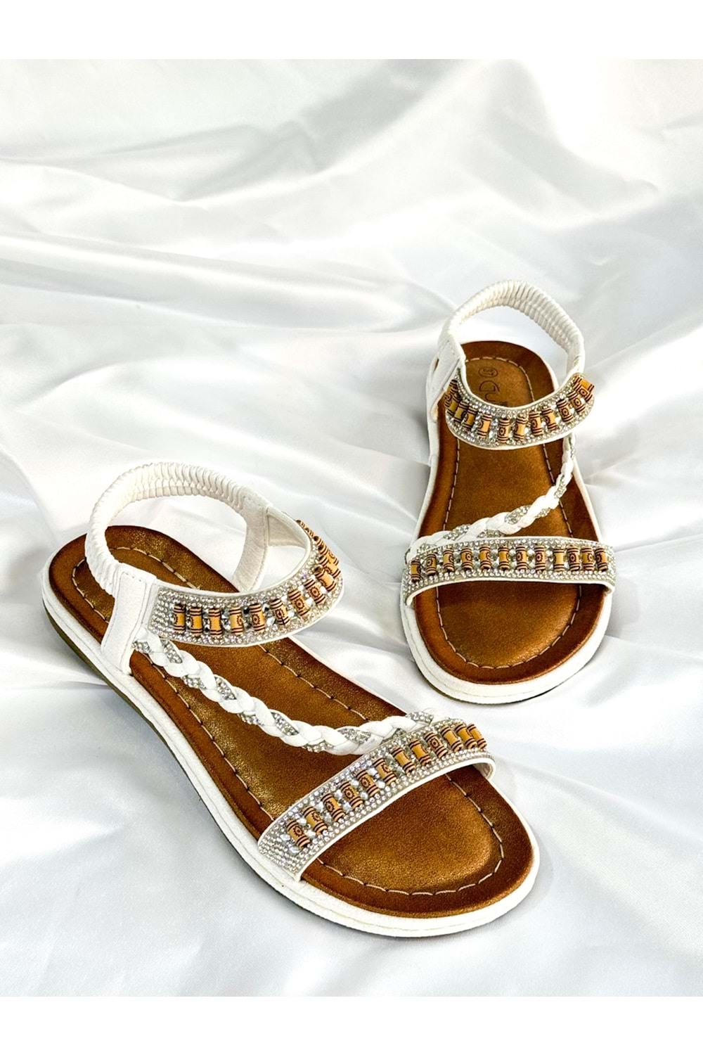 Guja BA04536 Beyaz Kadın Bilek Şerit Taş Ortopedik İthal Lastikli Sandalet - Beyaz - 37