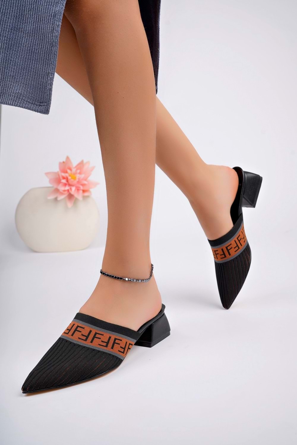 BulutMod BA04542 Siyah Kahve Kadın Tiriko Önü Kapalı Günlük Bohça 4cm Topuklu Terlik