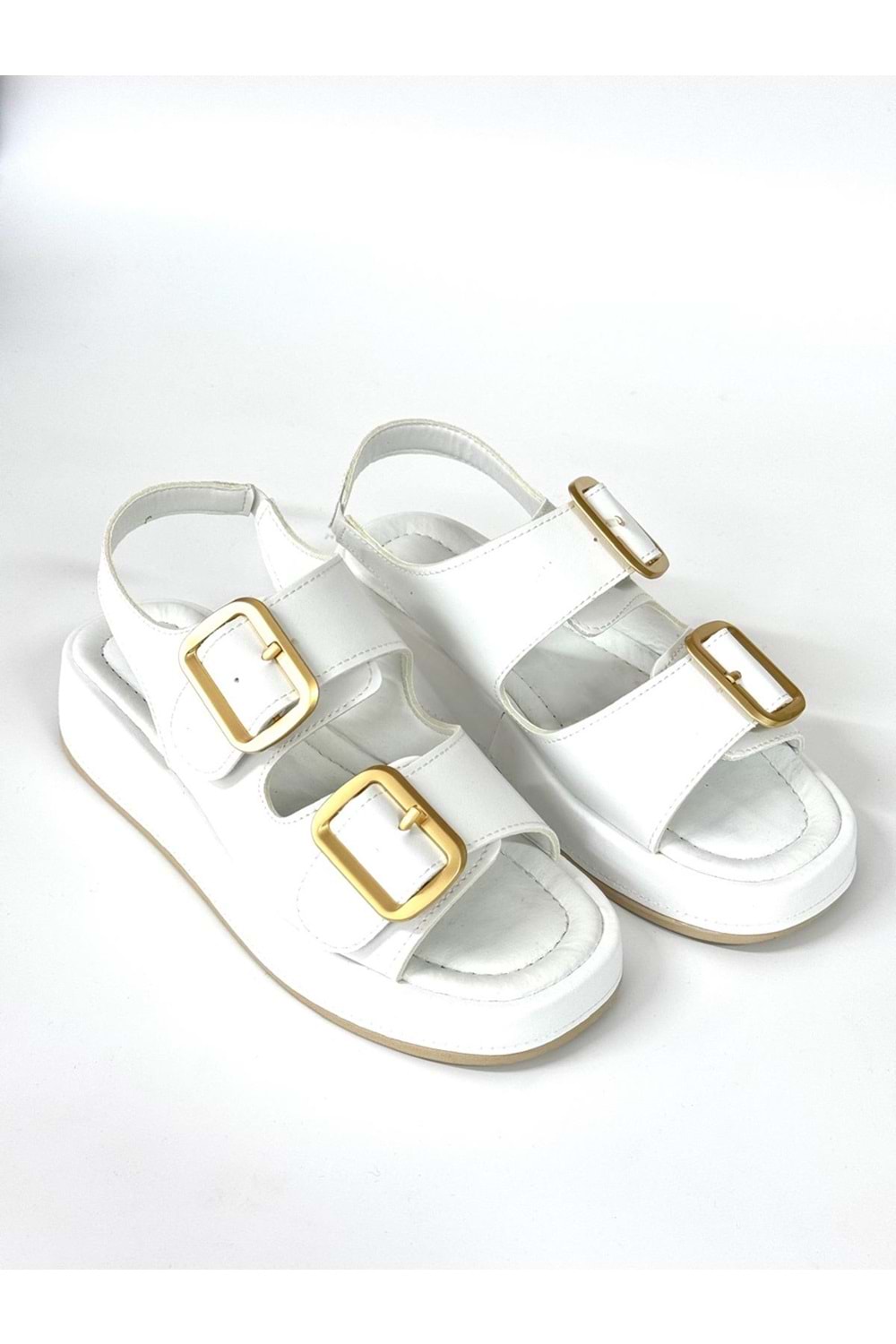 BulutMod BA04579 Beyaz Kadın İki Toka Arka Lastikli Yumuşak Tabanlı 4Cm Sandalet - 39