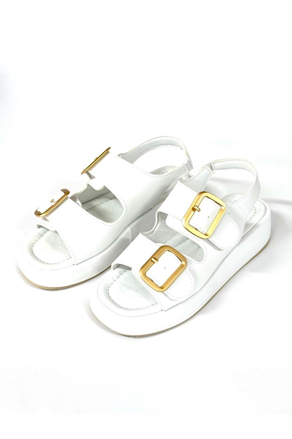 BulutMod BA04579 Beyaz Kadın İki Toka Arka Lastikli Yumuşak Tabanlı 4Cm Sandalet - 39