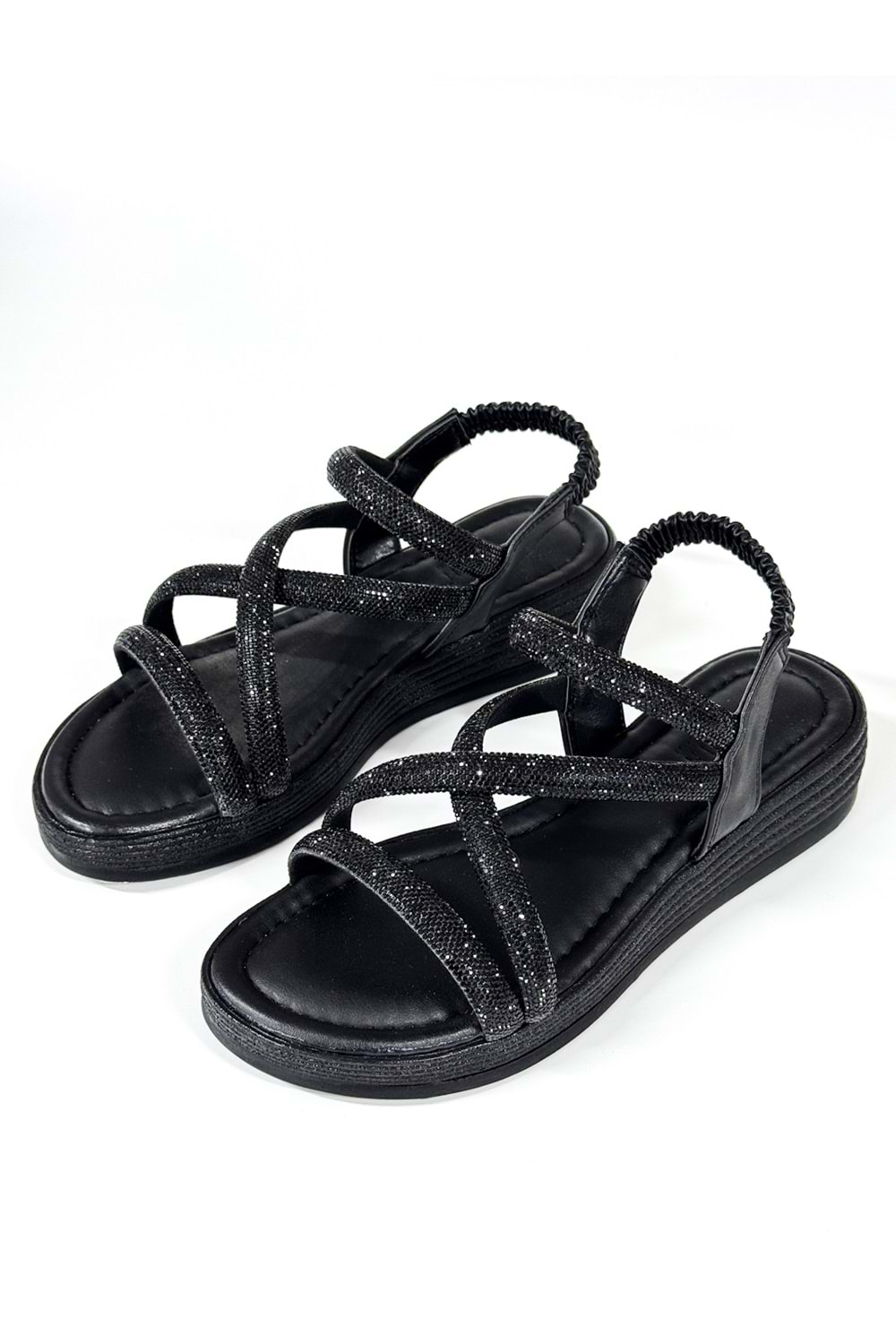 BulutMod BA04579 Siyah S Kadın Çapraz Taşlı Arka Lastikli Yumuşak Tabanlı 4Cm Sandalet - 37
