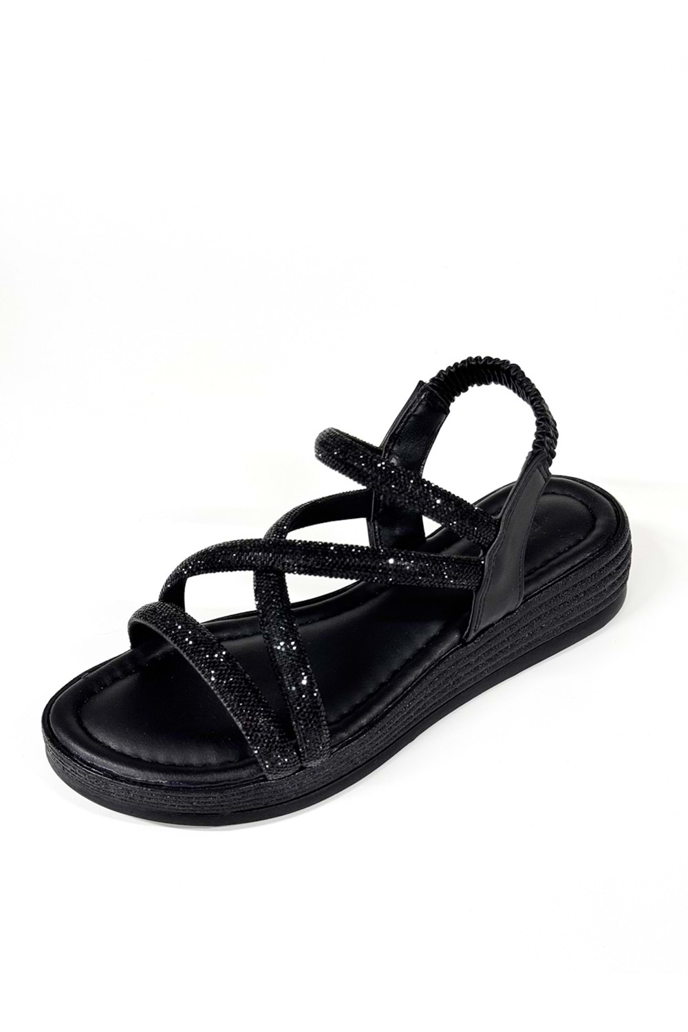 BulutMod BA04579 Siyah S Kadın Çapraz Taşlı Arka Lastikli Yumuşak Tabanlı 4Cm Sandalet - 37