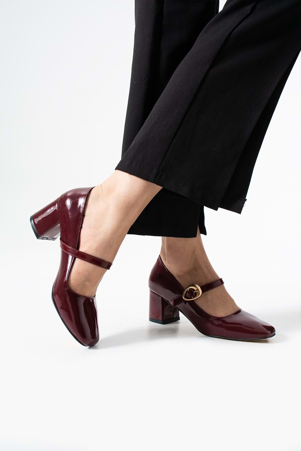 BulutMod BA04593 Bordo Kadın Rugan Toka Kemer 5 Cm Topuklu Ayakkabı - 39