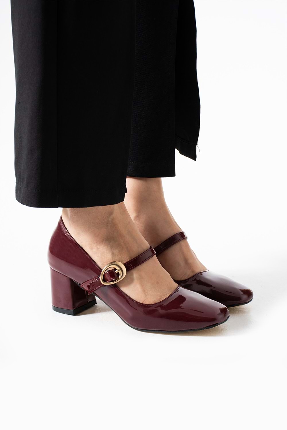 BulutMod BA04593 Bordo Kadın Rugan Toka Kemer 5 Cm Topuklu Ayakkabı - 39