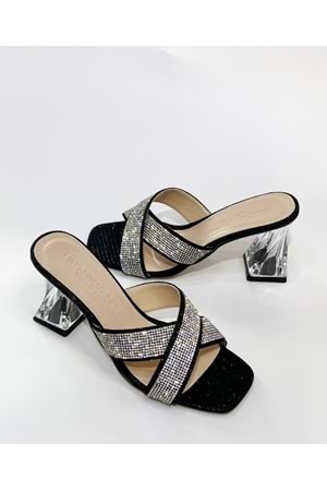 Bulut Ayakkabı Siyah Kadın Çapraz Taşlı Abiye Şeffaf Topuklu Terlik - SİYAH - 40