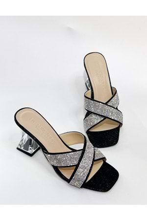 Bulut Ayakkabı Siyah Kadın Çapraz Taşlı Abiye Şeffaf Topuklu Terlik - SİYAH - 40