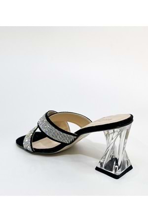 Bulut Ayakkabı Siyah Kadın Çapraz Taşlı Abiye Şeffaf Topuklu Terlik - SİYAH - 40