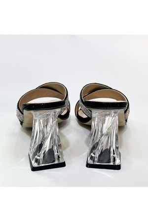 Bulut Ayakkabı Siyah Kadın Çapraz Taşlı Abiye Şeffaf Topuklu Terlik - SİYAH - 40