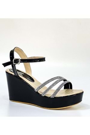 Bulutmod BA04099 Siyah Kadın Üç Taşlı Abiye Günlük Dolgu Topuklu Ayakkabı - SİYAH - 37