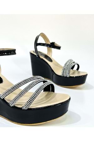 Bulutmod BA04099 Siyah Kadın Üç Taşlı Abiye Günlük Dolgu Topuklu Ayakkabı - SİYAH - 37