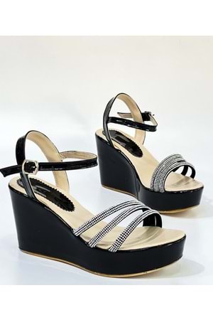 Bulutmod BA04099 Siyah Kadın Üç Taşlı Abiye Günlük Dolgu Topuklu Ayakkabı - SİYAH - 37