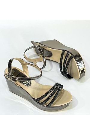 Bulutmod BA04099 Platin Kadın Üç Taşlı Abiye Günlük Dolgu Topuklu Ayakkabı - PLATIN - 39