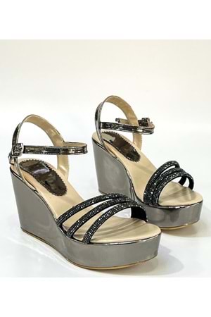 Bulutmod BA04099 Platin Kadın Üç Taşlı Abiye Günlük Dolgu Topuklu Ayakkabı - PLATIN - 39