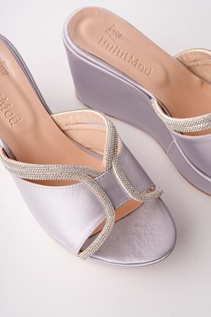 BulutMod BA04266 Gümüş S Kadın Taşlı Abiye Gelinlik Günlük Dolgu 9cm Topuklu Terlik - 39