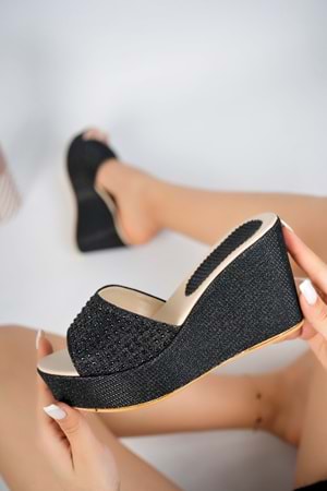 BulutMod BA04266 Siyah Kadın Taşlı Abiye Gelinlik Günlük Dolgu 9cm Topuklu Terlik - SİYAH - 39