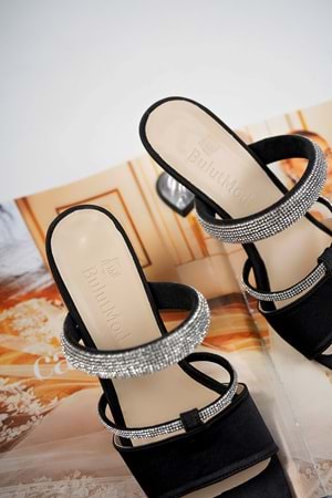 BulutMod Siyah Kadın Arka Geniş Taşlı Abiye Günlük Şeffaf Topuklu Terlik - Siyah - 40