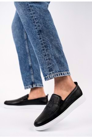 BulutMod Siyah Armalı Hakiki Deri Erkek Yazlık Günlük Loafer Ayakkabı - Siyah - 43