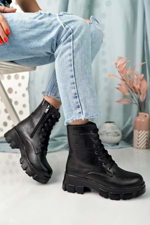 BulutMod Siyah Kadın Fermuarlı Bağcıklı Günlük Postal Bot - Siyah - 40