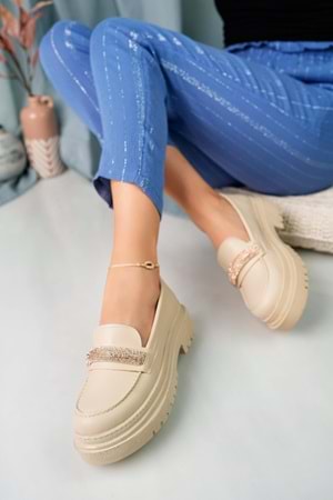 BulutMod Ten Kadın Taşlı Laofer Kalın Taban Günlük Babet - Ten - 40